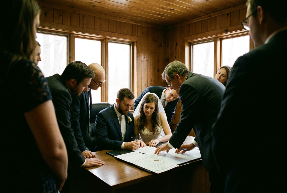 A plain registry office room, a couple signing at a desk in window light.