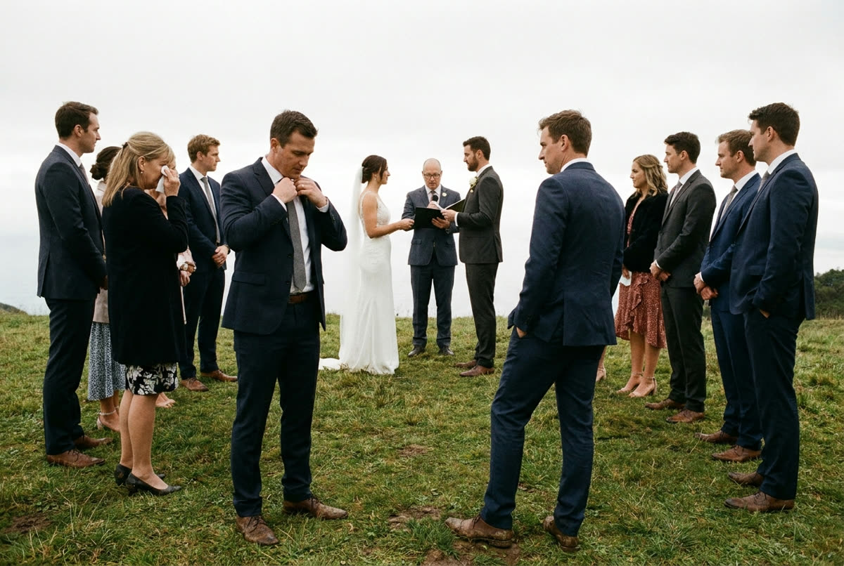 Eleven guests standing in a circle around a small ceremony in a green hillside paddock.