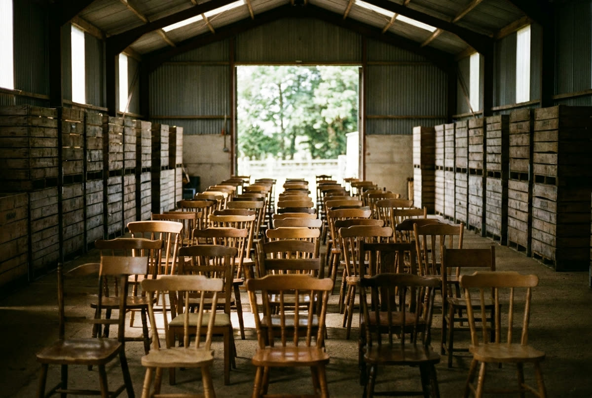 Rows of mismatched wooden chairs in an empty apple packing shed.