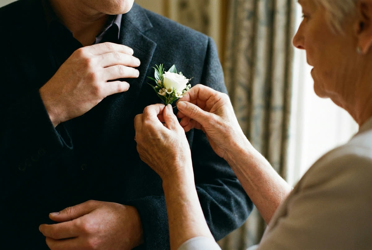Two pairs of hands pinning a buttonhole flower to a dark lapel.