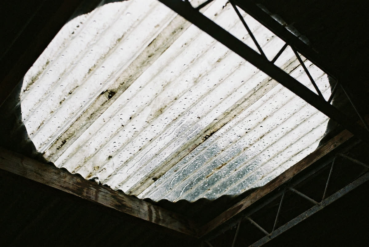 Rain running down a perspex shed roof light seen from underneath.