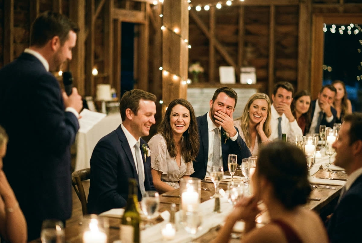 Seated guests listening during speeches, the speaker out of focus.