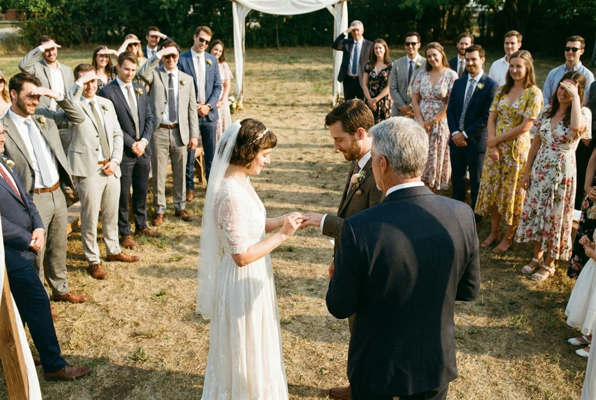 A small December ceremony in a bare backyard under hard high summer sun.