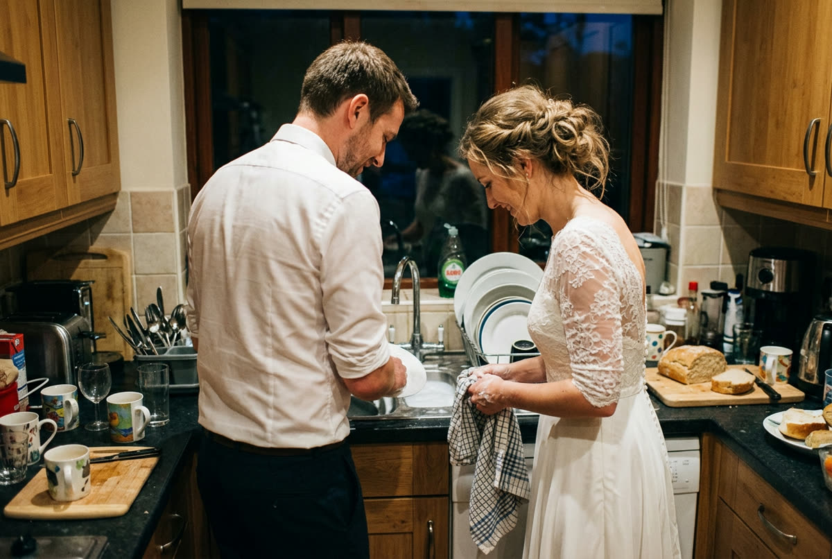 Two people in wedding clothes washing up together under one kitchen light.