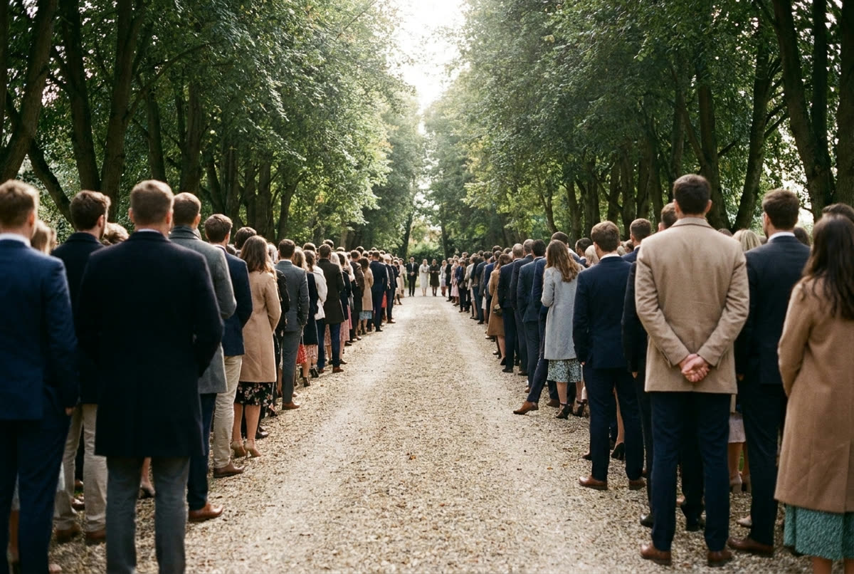 A gravel drive lined both sides with standing guests, low morning sun across it.