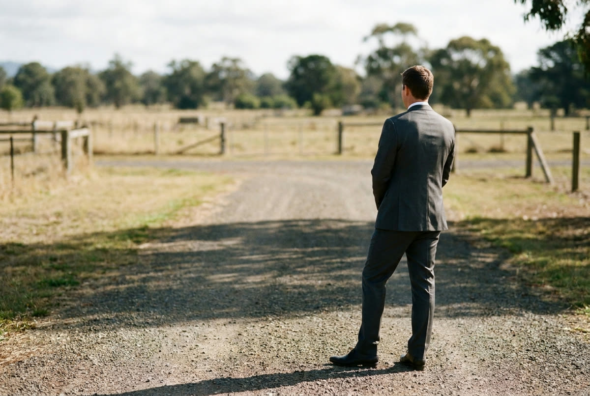A man in a plain suit waiting alone at the end of a drive, seen from behind.