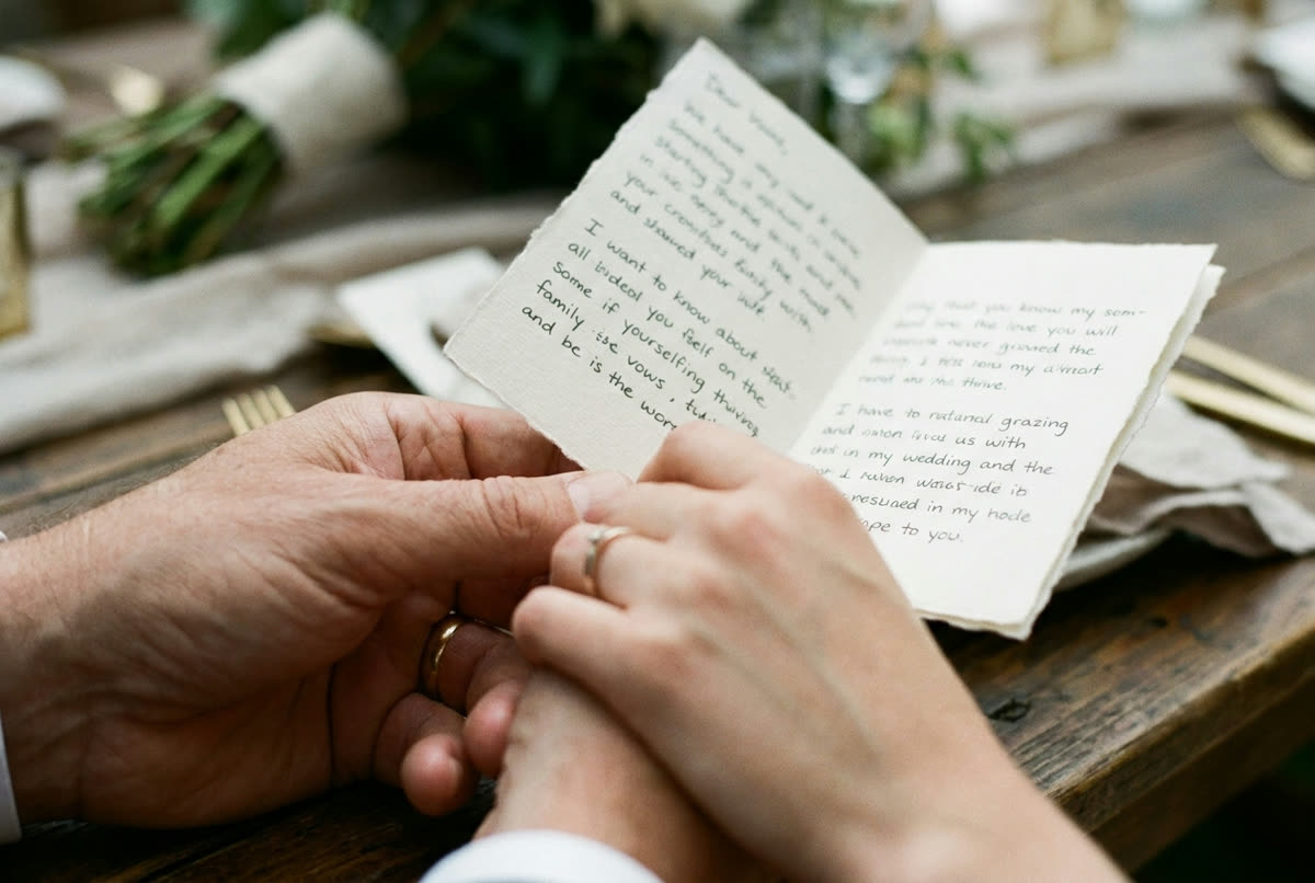 Two pairs of hands holding a folded sheet of handwritten vows.