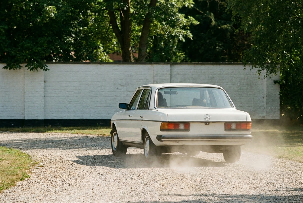 An old sedan driving away down a gravel drive, dust glowing in low sun.