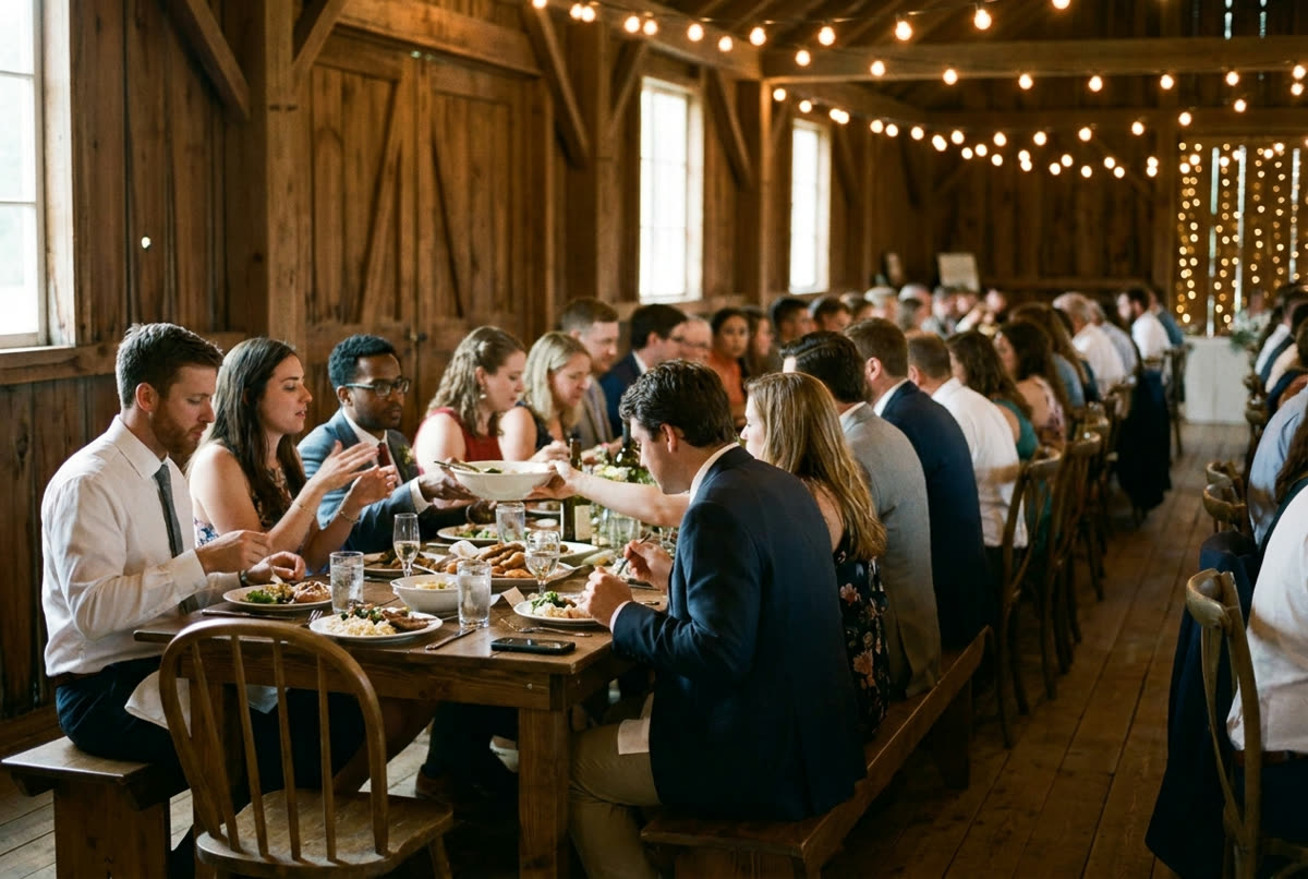 A long trestle table mid meal under strung bulbs, guests down both sides.