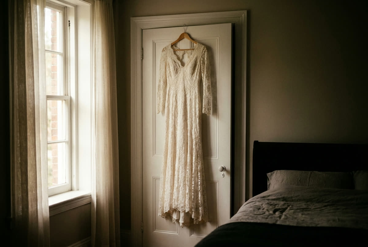 A lace wedding dress hanging on a bedroom door beside a curtained window.