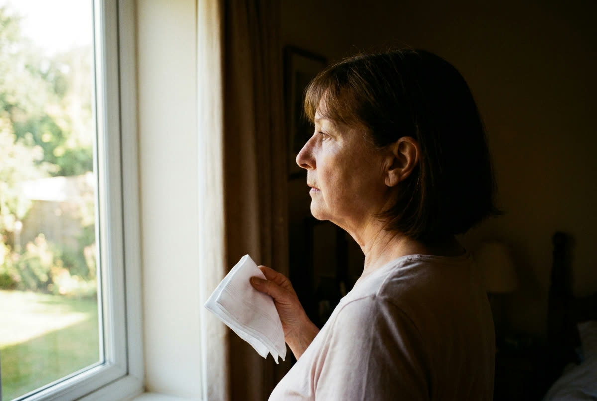 An older woman at a window in morning light, half turned away.