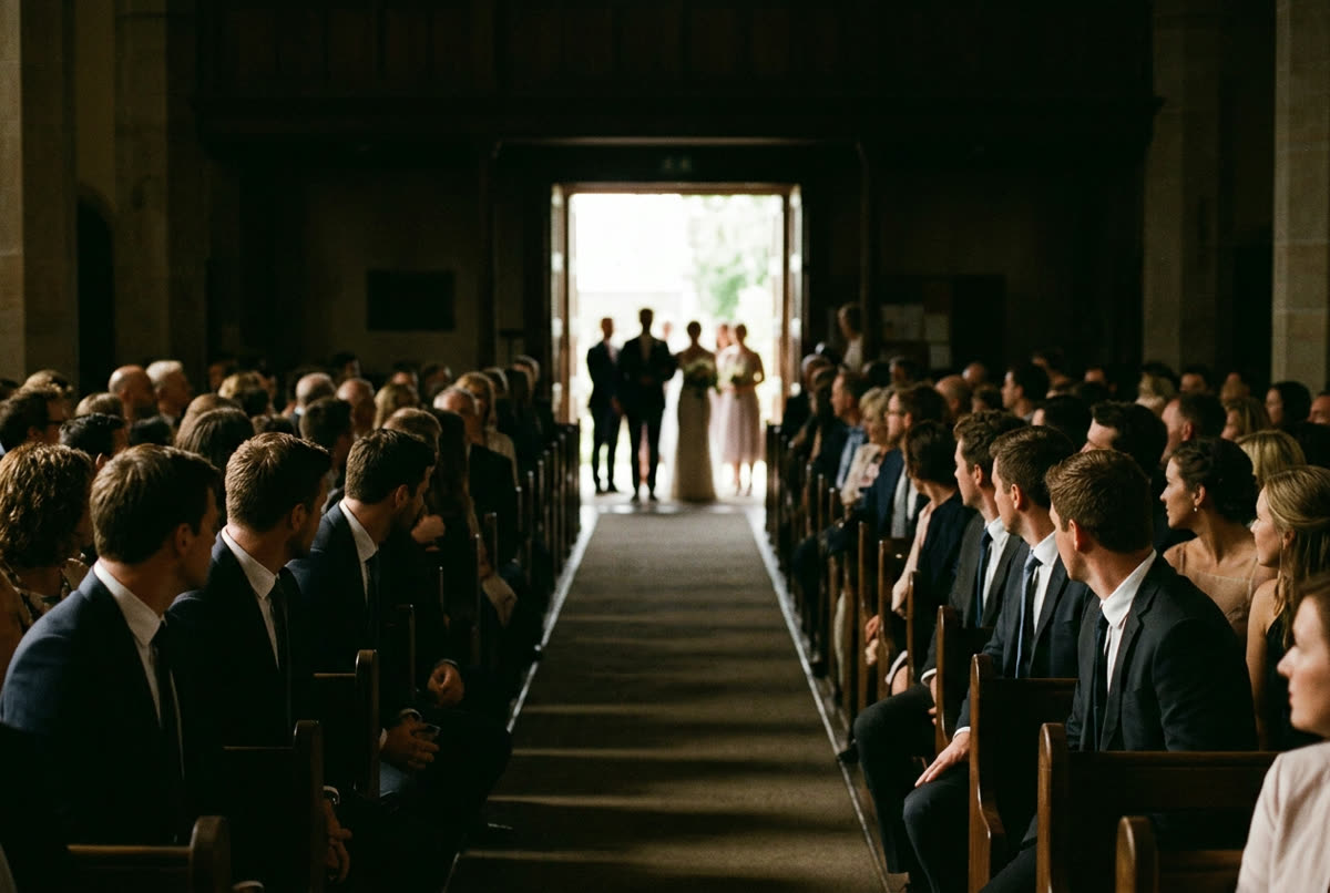 Seated guests turning to look back down an aisle toward open doors.