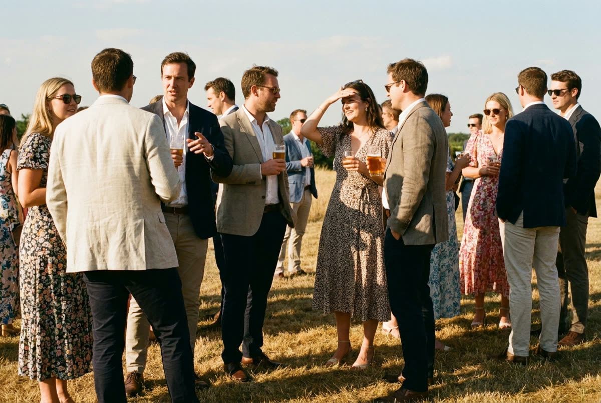 Wedding guests standing on dry grass in hard afternoon sun, talking.