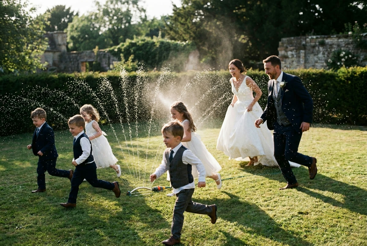 Guests running through a garden sprinkler, the spray backlit by low sun.