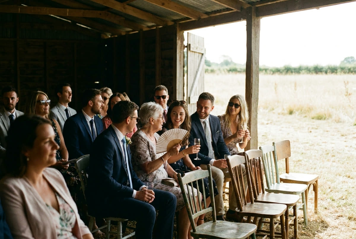 Wedding guests seated in the shade of an open iron shed on a very hot day, hard sunlight and dry grass beyond the opening.