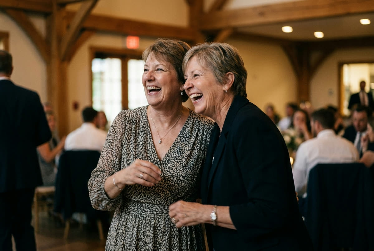 Two women in their sixties laughing at something off frame, dappled light.