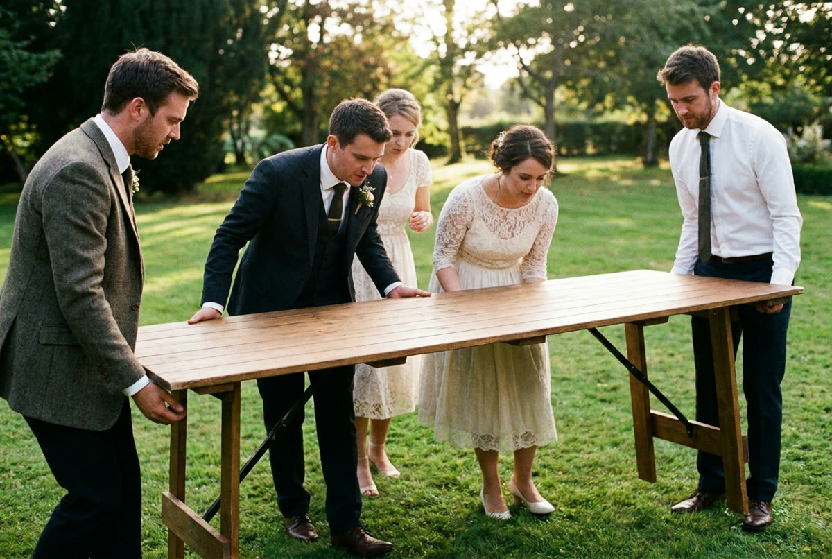 Four people carrying a long trestle table across a lawn in hard afternoon sun.