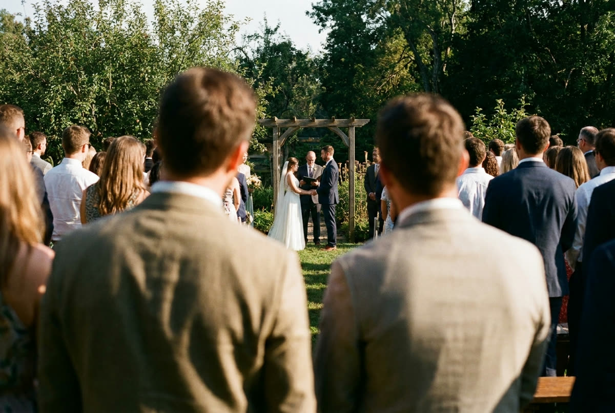 An outdoor ceremony under a large tree seen from behind the standing guests.