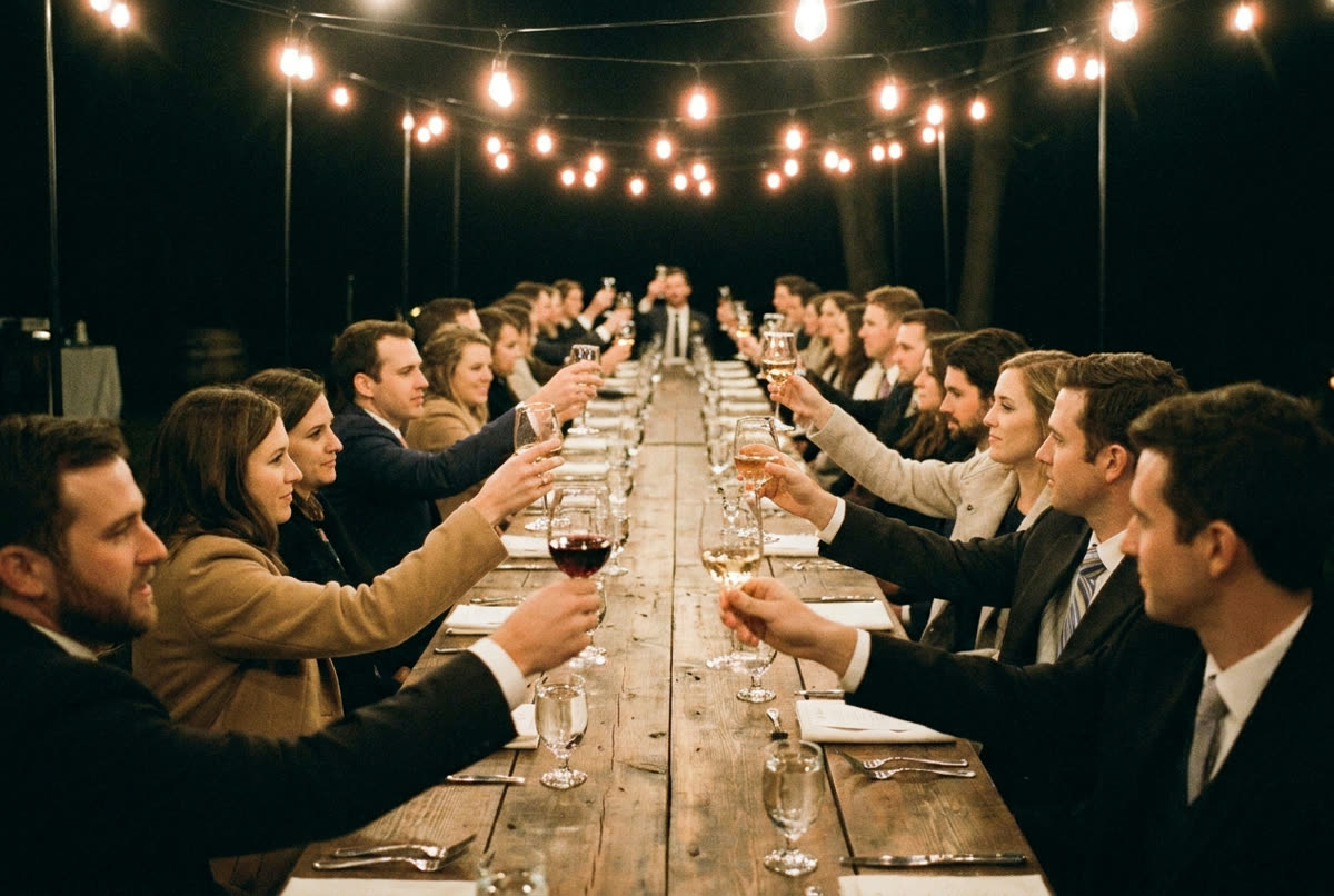 Glasses raised down a long table at dusk under strung bulbs.