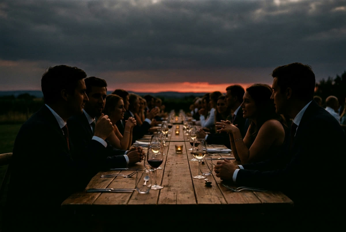 Guests reduced to silhouettes against the last orange band on the horizon.
